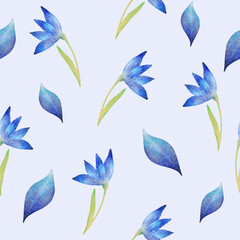 Watercolor light seamless pattern with snowdrops, leaves on a gentle blue background