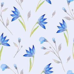 Watercolor seamless pattern with flowers of snowdrops, leaves on a gentle blue background.