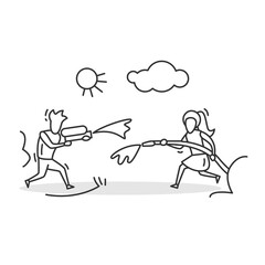 Water war icon. Brother and sister playing with water gun and hose. Concept linear pictogram for summer children outdoor activities and family entertainment. Editable stroke vector illustration