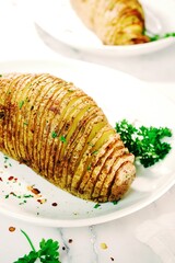 Homemade Hasselback Potatoes, selective focus