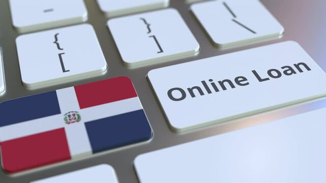 Online Loan text and flag of the Dominican Republic on the keyboard. Modern credit related conceptual 3D animation