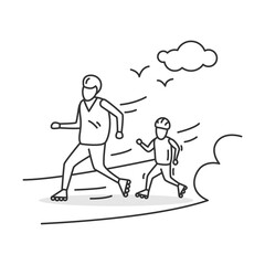 Roller skating icon. Parent and child using roller blades. Concept linear pictogram for family sport activity and summer vacation children entertainment. Editable stroke vector illustration