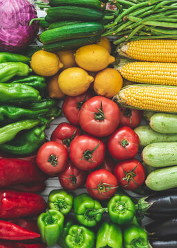 summer vegetables in the refrigerator. Delicious vegetables for summer vegetables corn, tomato, cucumber, eggplant, zucchini, pepper, paprika, green pepper, purple cabbage. organic vegetables. vegetab