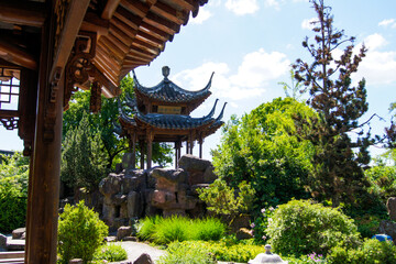 Scenic view of a beautiful Chinese-style pavilion in the Chinese Garden in the city of Stuttgart,...