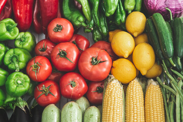 summer vegetables in the refrigerator. Delicious vegetables for summer vegetables corn, tomato, cucumber, eggplant, zucchini, pepper, paprika, green pepper, purple cabbage. organic vegetables. vegetab