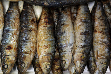 Top view of grilled sardines. Typical portuguese cuisine