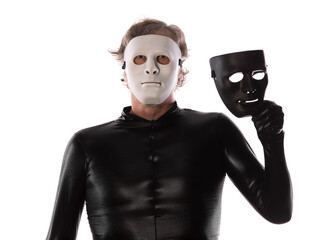 two-faced masked man isolated on white background