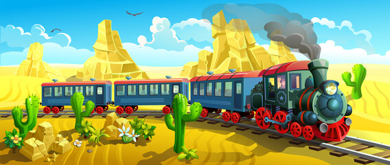 locomotive in the wild west. Steam train rides among the sands and cacti. Vector illustration of a western. © Vladislav K