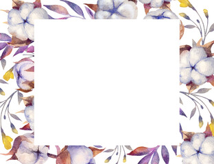 Cotton. Watercolor botanical illustration. The rectangular frame is perfect for weddings, invitations, advertising, business cards.