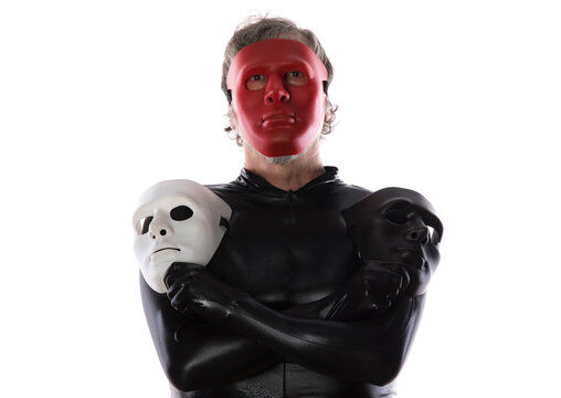 two-faced masked man isolated on white background