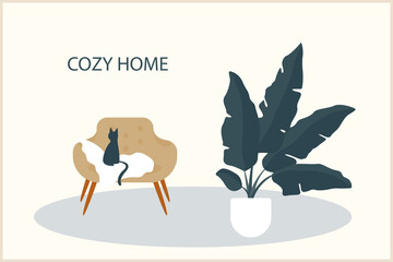 Cozy home theme handmade illustration.Simple room interior for use in design for home  decorative prints, flower shop decor, wallpaper, bag or t-shirt print, art workshop  etc.