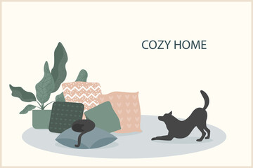 Cozy home theme handmade illustration.Simple room interior for use in design for home  decorative prints, flower shop decor, wallpaper, bag or t-shirt print, art workshop  etc.