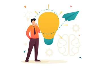 Young man launches a business idea, a business startup. Flat 2D character. Concept for web design