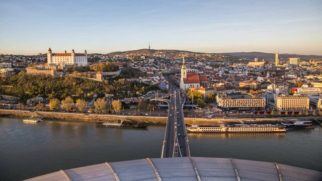 Bratislava, Slovakia - Panoramic View with the Castle and Old Town as Seen from Observation Deck. Time Lapse.
