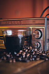 Black Coffee, Coffee beans and stylish vintage portable radio