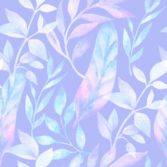 Watercolor seamless pattern with light leaves on pastel blue background.