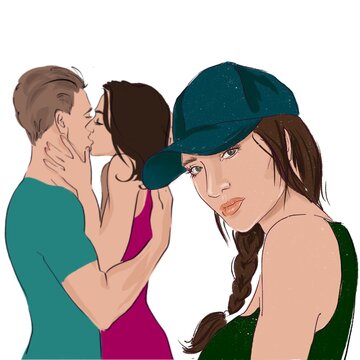 sad upset girl on the background of kissing lovers illustration 