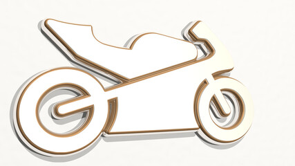 motorcycle on the wall. 3D illustration of metallic sculpture over a white background with mild texture. bike and biker