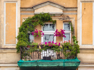 Fototapeta na wymiar An old picturesque flowered balcony, Vilnius, Lithuania