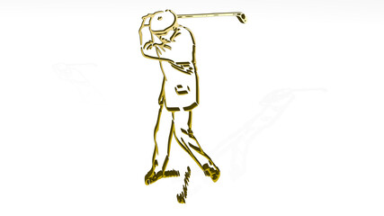 man playing golf from a perspective on the wall. A thick sculpture made of metallic materials of 3D rendering. child and girl