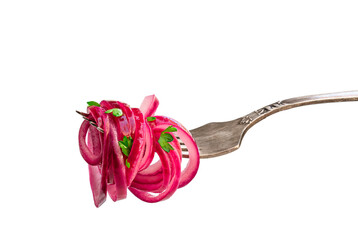 Marinated pickled red onion rings on fork isolated on white