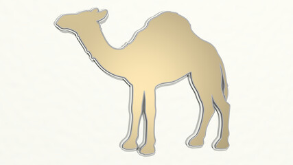 camel on the wall. 3D illustration of metallic sculpture over a white background with mild texture. desert and animal