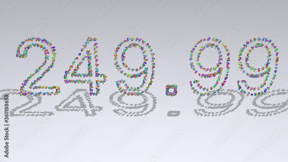 Poster £249.99 written in 3d illustration by colorful small objects casting shadow on a white background
