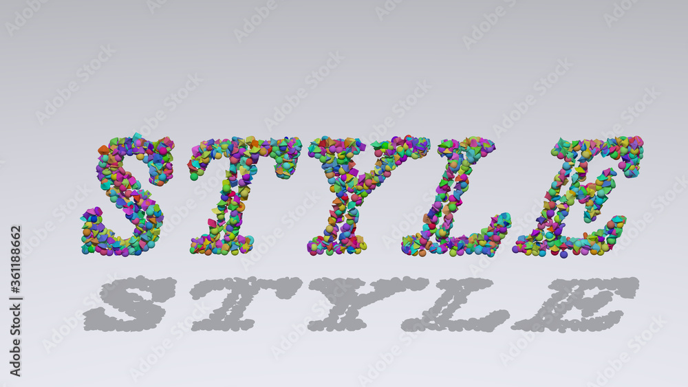 Poster colorful 3d writting of style text with small objects over a white background and matching shadow. i