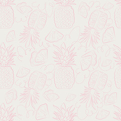 Vector seamless pattern with pink pineapples on a graybackground.