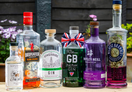 London, England - April 27, 2020: A Selection of Popular Gin Brands from the United Kingdom,Sipsmith Gin, Beefeater Gin, Limehouse Gin,Williams GB Gin,Whitley Neil Gin, and Wildcat Bramble gin