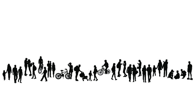 Silhouettes of people, men, women and teenagers walking, riding a Bicycle, families with children, black colors isolated on a white background