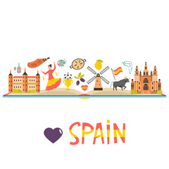 Tourist poster with famous destinations and landmarks of Spain. Explore Spain concept image.