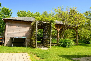 Close up on a wooden shack with some decorative elements and vines hanging from it seen in the middle of a well maintained decorative garden on a Polish countryside on a cloudless summer day