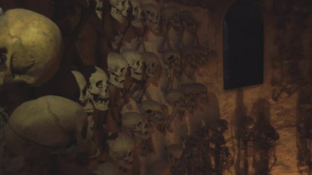 Human bones in the crypt of the church, Lampa, Peru. 4k