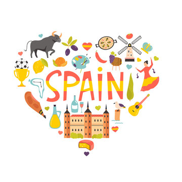 Tourist poster with famous destinations and landmarks of Spain. Explore Spain concept image.
