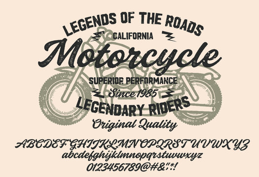 Motorcycle club community logo design.Decorative  vintage brush script lettering font. Letters, Numbers and Symbols. Vector Illustration.
