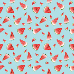  Seamless watercolor pattern sliced ripe red watermelon on a blue background. Seamless summer fruit background.3 August International watermelon day. 