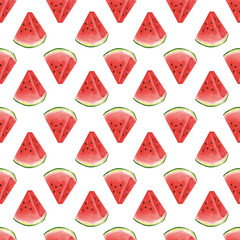  Seamless watercolor pattern sliced ripe red watermelon on white background. Seamless summer fruit background.3 August International watermelon day. 
