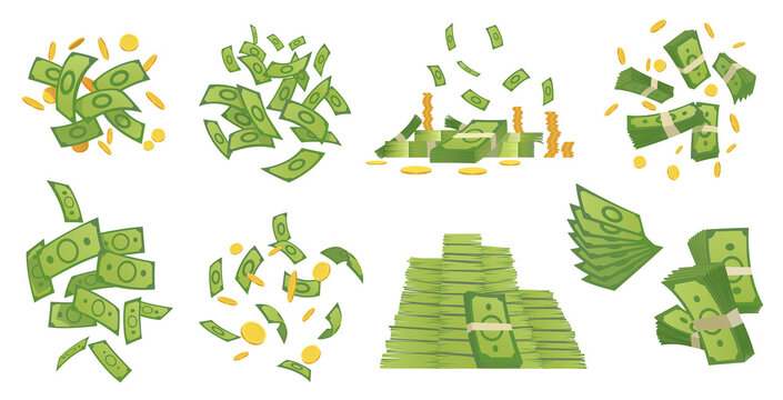 Cartoon money collection. Green banknote and gold coins cartoon vector illustration. Flying and rolls bills, stacks of coins. Dollar rain