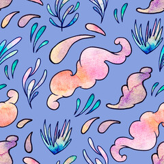 Naklejka premium Seamless watercolor pattern. Plants, clouds on a blue background. Ideal for kids room