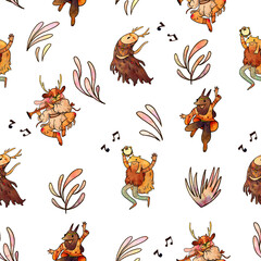 Seamless watercolor pattern. Shaman dancing characters with plants on white background