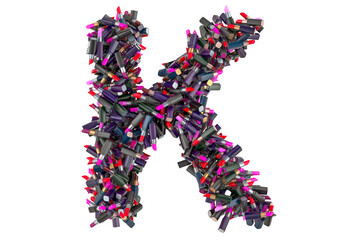Letter K from colored lipsticks, 3D rendering