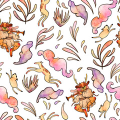 Seamless watercolor pattern. Shamanic characters with plants and animals on a white background