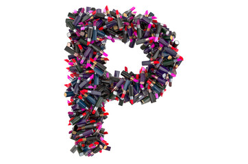Letter P from colored lipsticks, 3D rendering