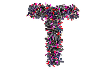 Letter T from colored lipsticks, 3D rendering