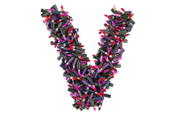 Letter V from colored lipsticks, 3D rendering
