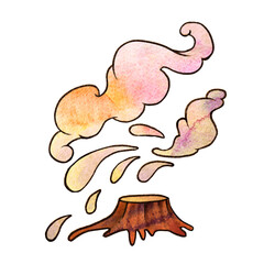 Watercolor illustration. Stump and multicolored clouds. Ideal for kids poster.