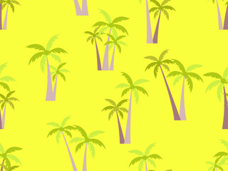 Fototapeta na wymiar Palm trees seamless pattern on yellow background. Tropical jungle, exotic background for advertising, postcards, poster and banner. Vector illustration