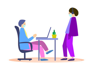 Man is sitting at a table with a laptop. Reception of visitors. People in medical masks keep a social distance. Covid-19, Coronavirus. People are dressed in colorful clothes. Vector illustration