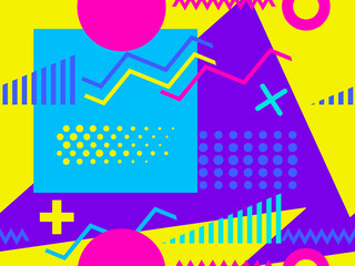 Memphis seamless pattern with geometric shapes in the style of the 80s. Multi-colored triangles, circles and zigzags for promotional products, wrapping paper and printing. Vector illustration